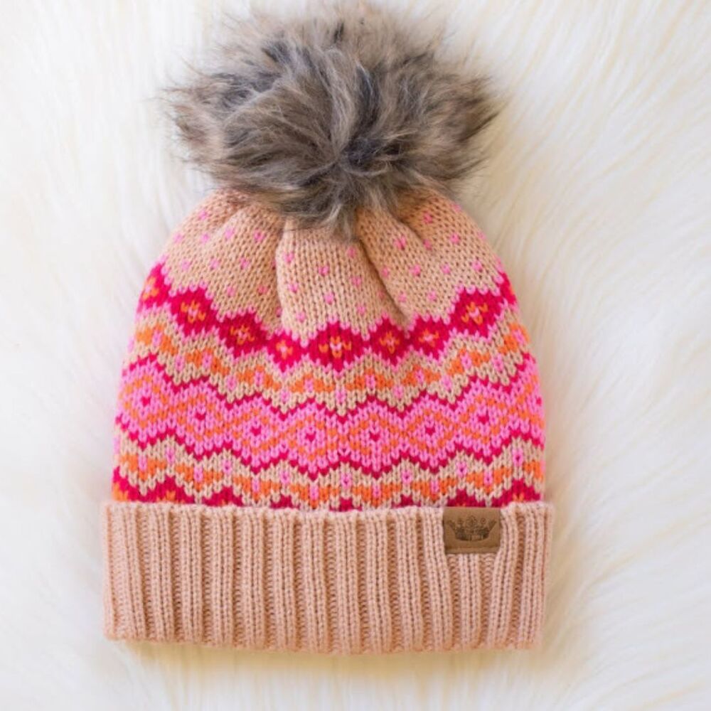 PANACHE Blush Pink & Orange Patterned Fleece Lined Pom Pom Beanie Hat - Picture 4 of 5